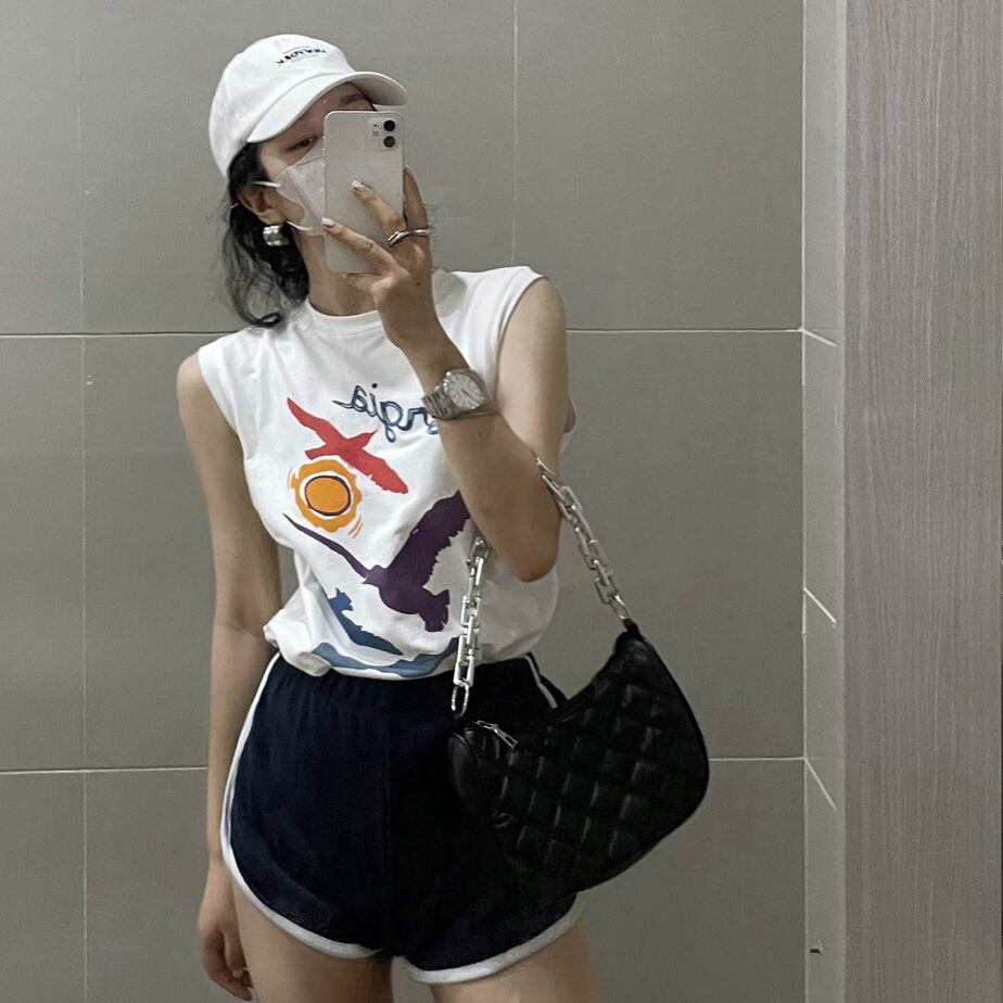 スタンダードプリント柄ノースリーブTシャツ サマールーズカジュアルトップス レトロ 夏物 モンロー83794997389