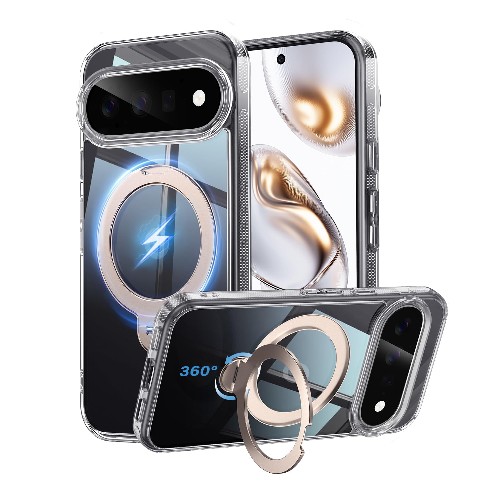 KISECASE Google Pixel 11 用 ケース リング Magsafe対応 定点360度回転 スタンド 耐衝撃 黄ばみ防 クリアゴールド