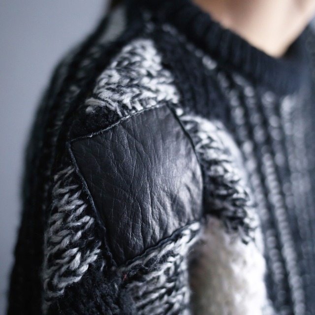 diamond leather patchwork and switching pattern low gauge knit sweater