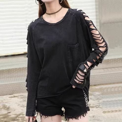 BLACK DAMAGED ROUND NECK LONG SLEEVES T-SHIRT 1color M-16095