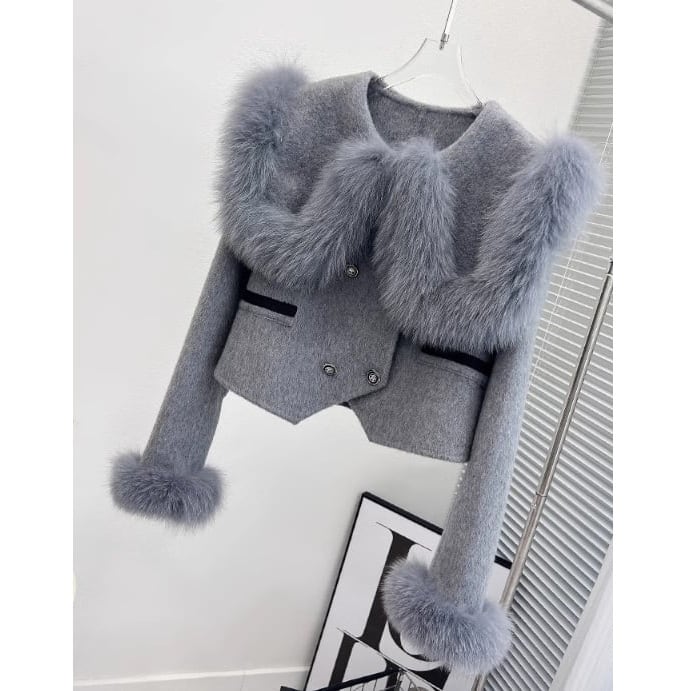 Mサイズ国内即納】フォックスファーカラー ダブルボタン ウール