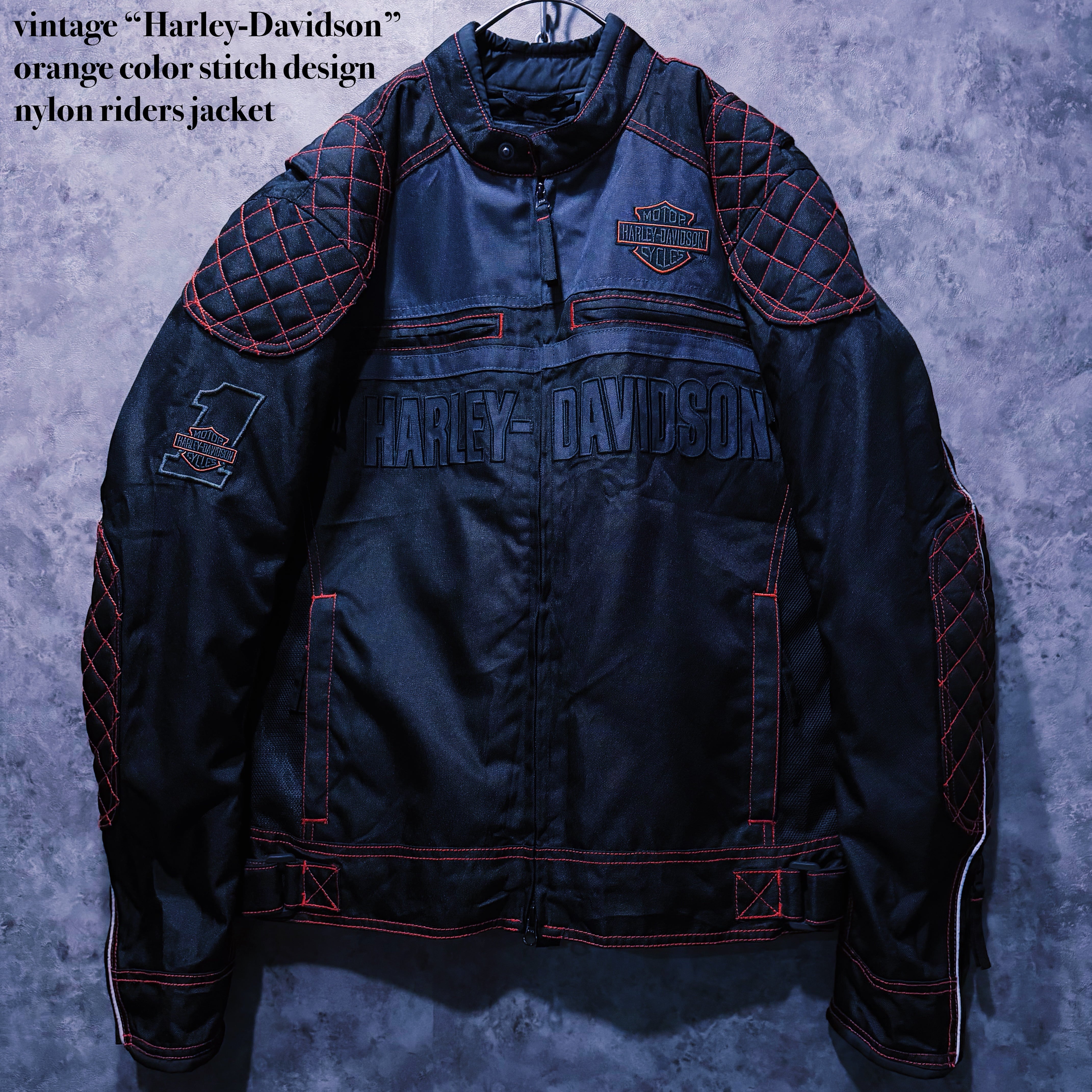 【doppio】vintage “Harley-Davidson” orange color stitch design nylon riders jacket