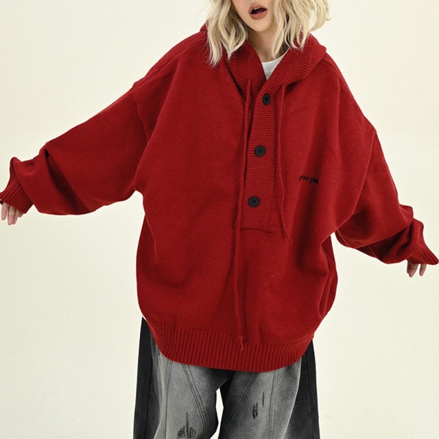 hooded button knit　フード付きボタンニット　J0411