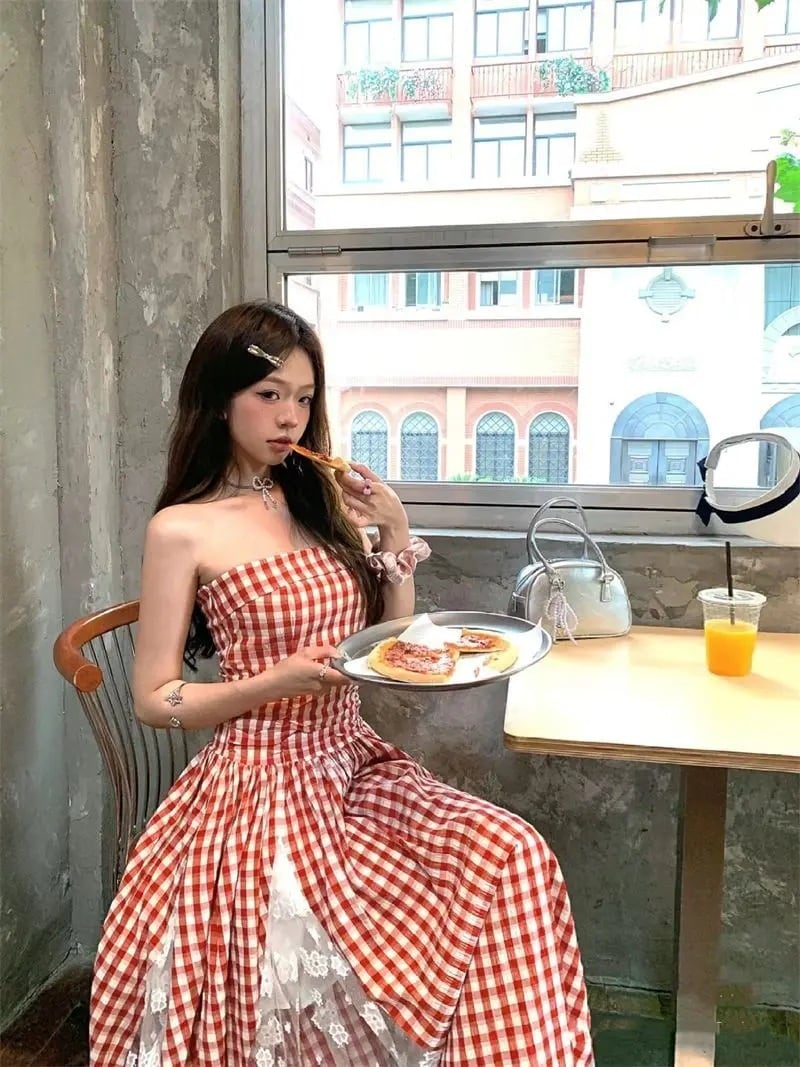 ギンガム チェック柄 レース キャミ ロング ワンピース 赤 レッド 韓国