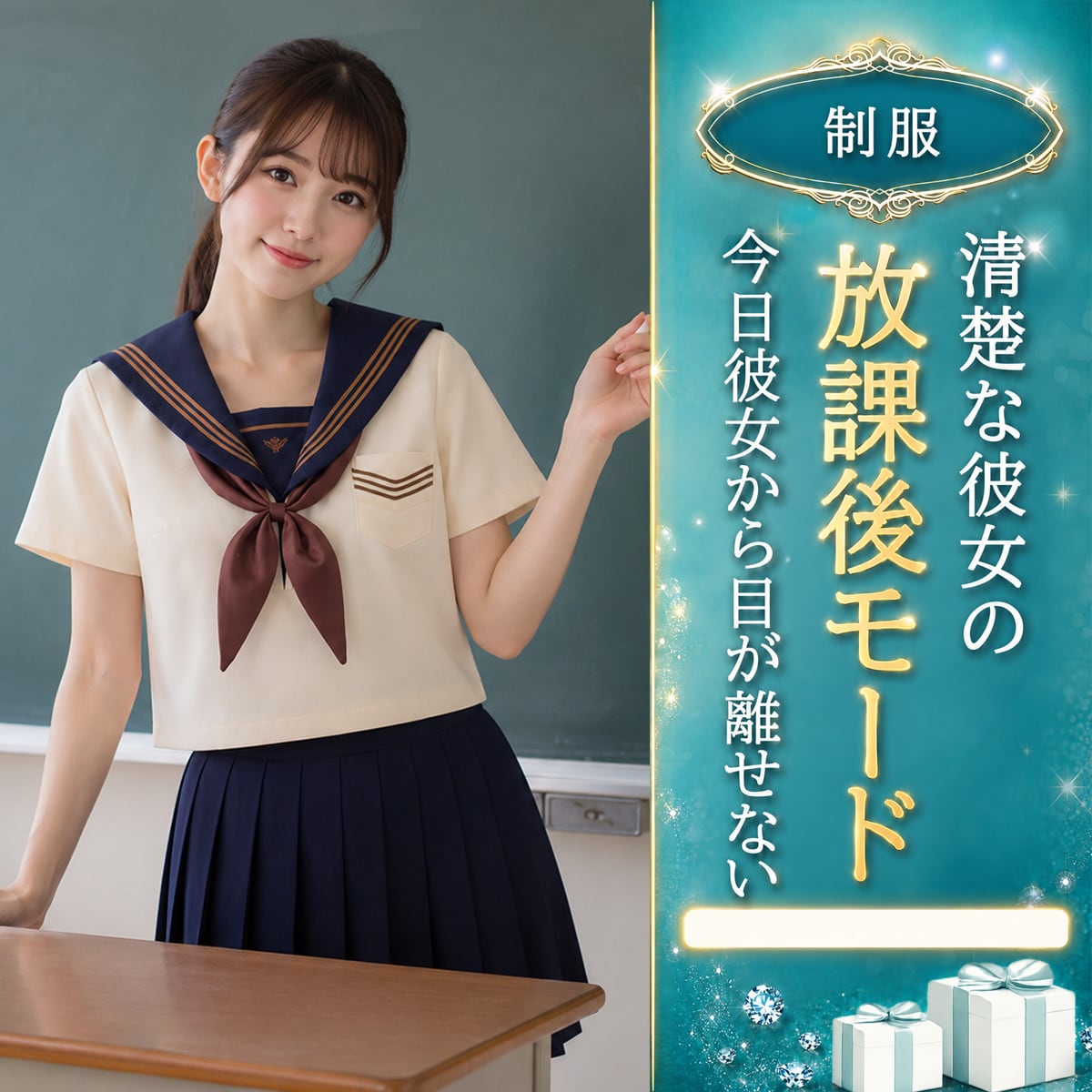 〔制服〕落ち着いた配色で清楚にまとまる アイボリー×ネイビー半袖セーラー服3点セット