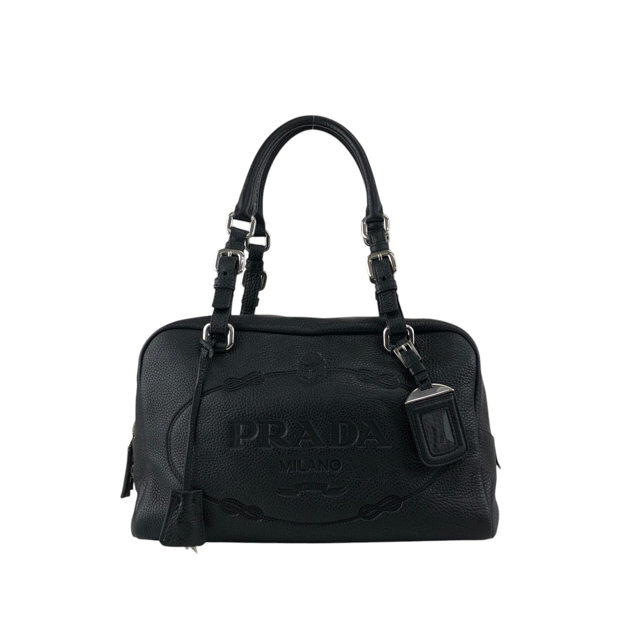 [美品] PRADA エナメル　ビンテージハンドバッグ　ブラック　ロゴ型押し PRADA プラダ ハンドバッグ ブラック ロゴ型押し レザー ミニボストン