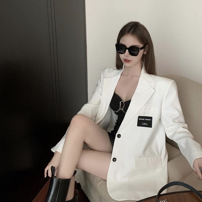 ホワイトカジュアルスモールスーツレディース初秋バージョンのルーズブリティッシュスタイルスーツ2020新しいミドル丈ジャケットジャケット ブラックストロベリース30996748808