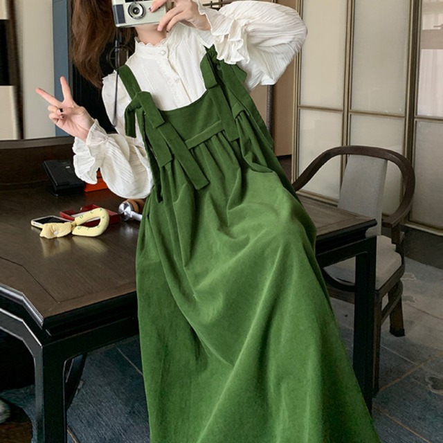 Forest Green Ribbon-Strap Maxi Pinafore Dress　S0327