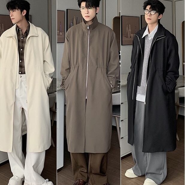 【予約販売】コート メンズ ロング丈 無地 重ね着風 レイヤード オフホワイト ブラック コーヒー アウター 防寒 こなれ感 カジュアル シンプル お洒落 羽織 こなれ感 韓国 トレンド 冬 秋 S/M/L/XL