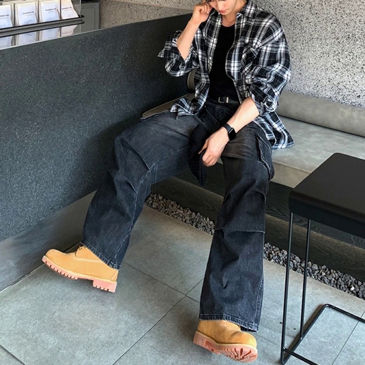 レトロブラックチェック柄シャツ　1247