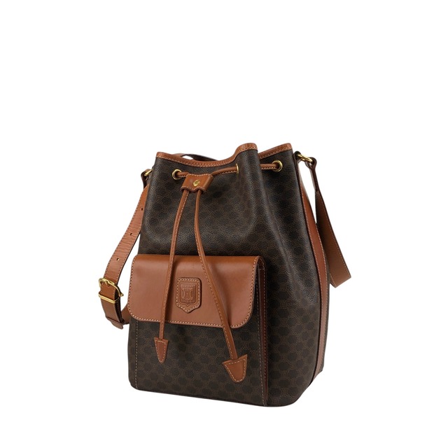 CELINE セリーヌ マカダム ショルダーバッグ ブラウン ブラゾン型押し PVCレザー 巾着 フロントポケット vintage ヴィンテージ オールド yt4p8e