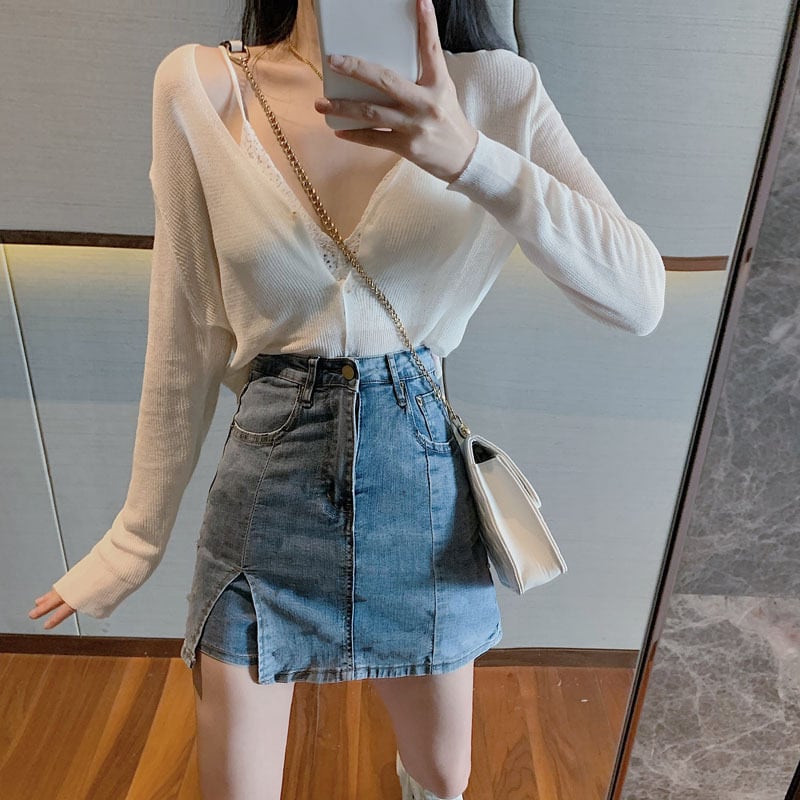 Vネックのアイスシルクニット小さなカーディガンの女性の夏の薄いアウターショート長袖日焼け止めトップ2020新しい白 ブラックストロベリース57861771045