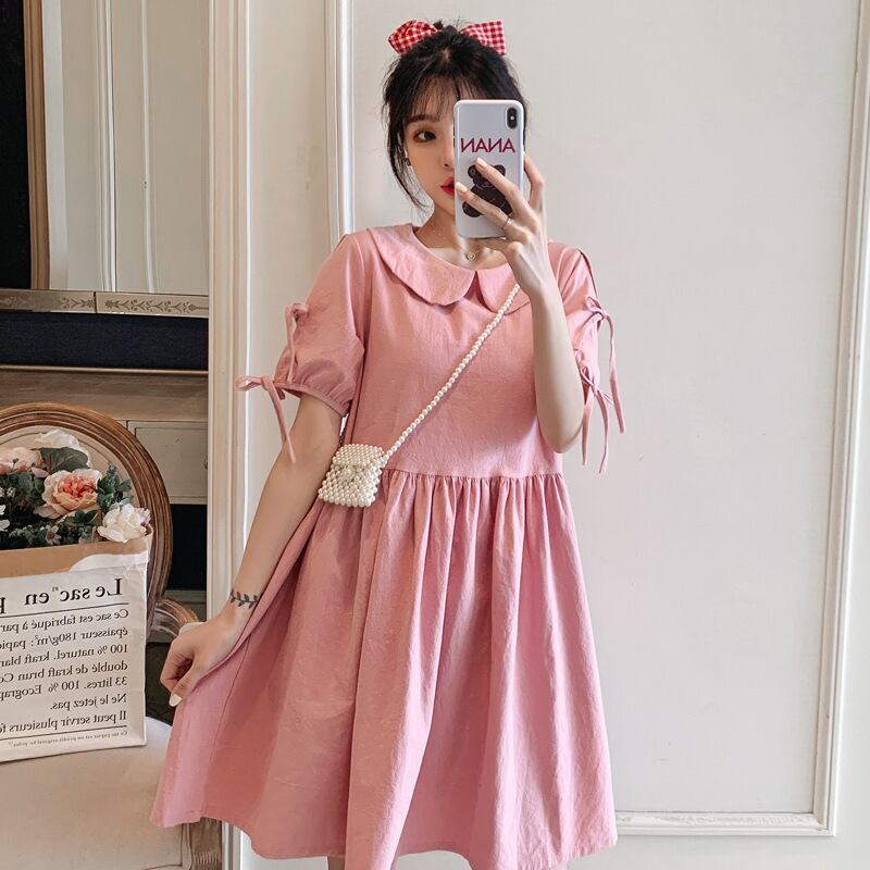 【新作】【送料無料】 マタニティウェア2020夏の新しい綿とリネンの人形の襟ルーズファットMMドレス、トレンディなマザーミドル丈マタニティドレス-アリババ コットン サマー 夏物 expec245840096723