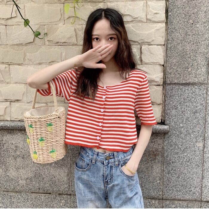 ショートトップ2020新しい女子学生半袖tシャツ緩い色のストライプ薄いニットカーディガンジャケット 1号婦人3908954210