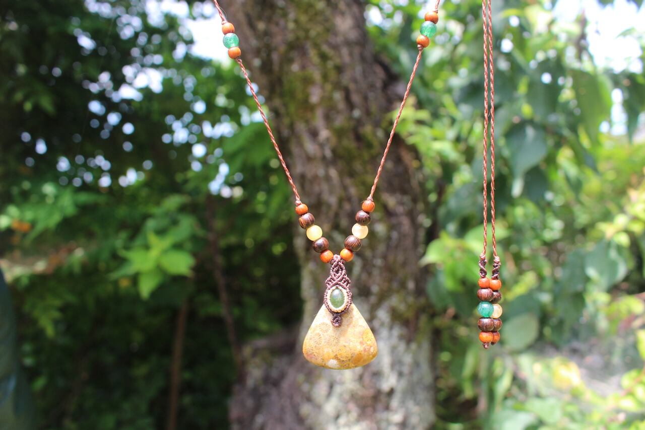 Fossil Coral & Green Tourmaline micro macrame woody pendant
