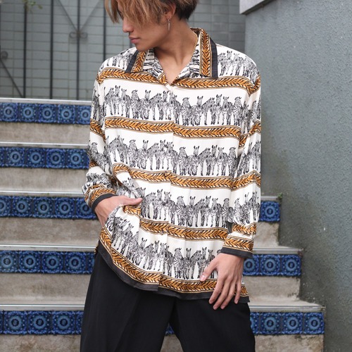 USA VINTAGE JESSICA HOLBROOK ZEBRA PATTERNED SILK100% OVER DESIGN SHIRT/アメリカ古着シマウマ柄シルク100%オーバーデザインシャツ