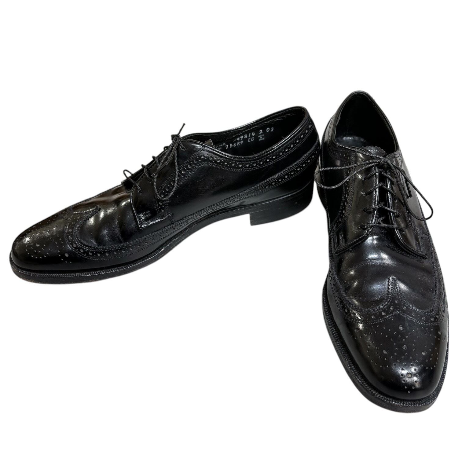 80-90s FLORSHEIM black long wing tip leather shoes 9 1/2 | 無無