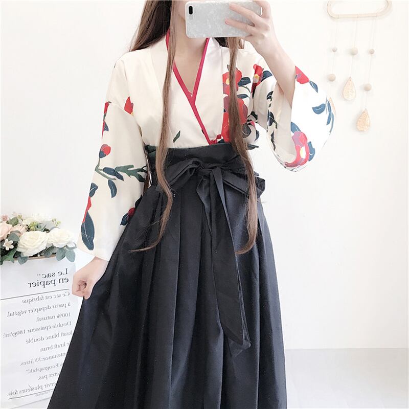 レトロモダン着物風セットアップ 2点セット セットアップ レディースファション 着痩せ 可愛い デート 韓国風 カジュアル シンプル Vネック 長袖 トップス シャツ ブラウス ロングスカート フリーサイズ 激安 可愛い ホワイト ブラック Elegant