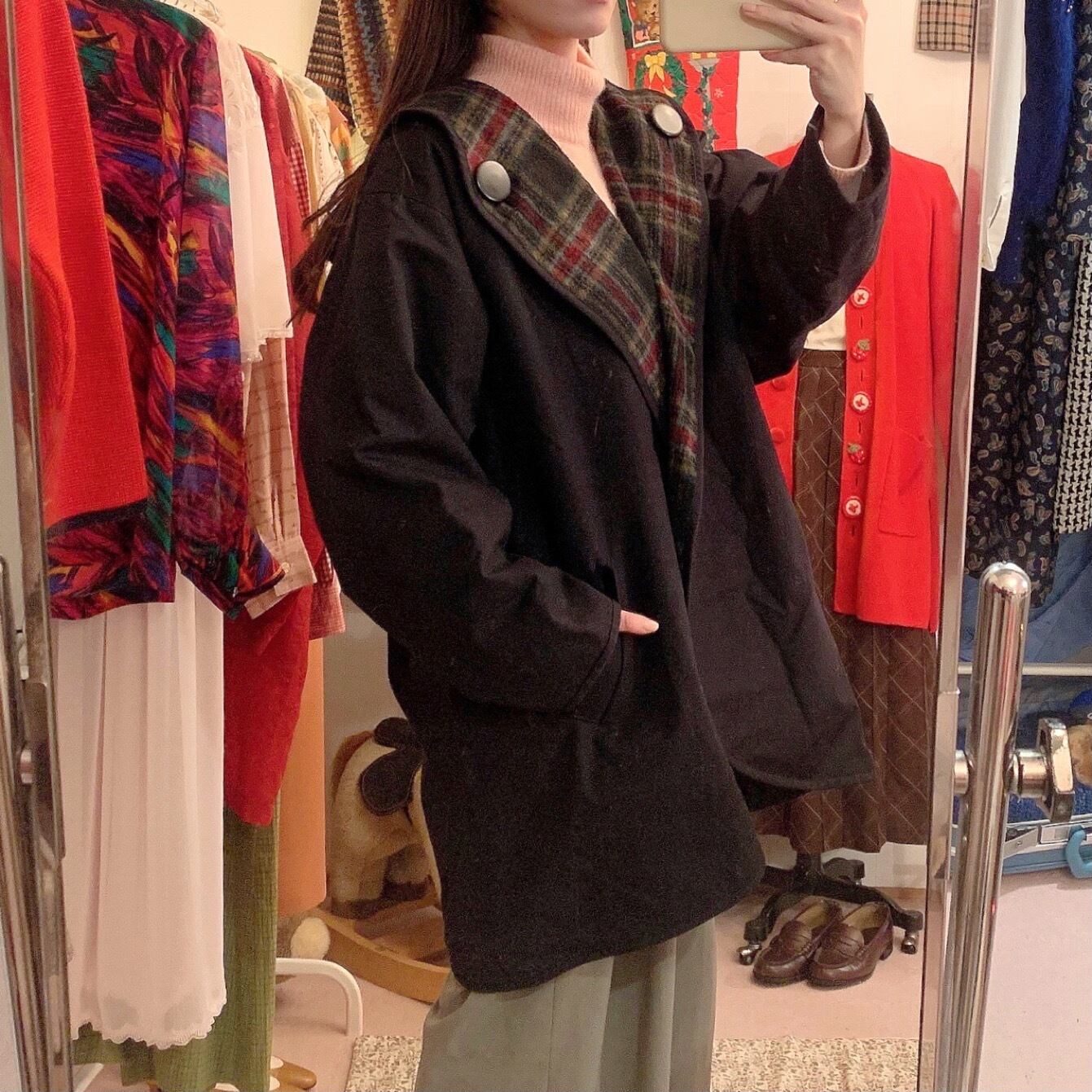 big button check hooded coat