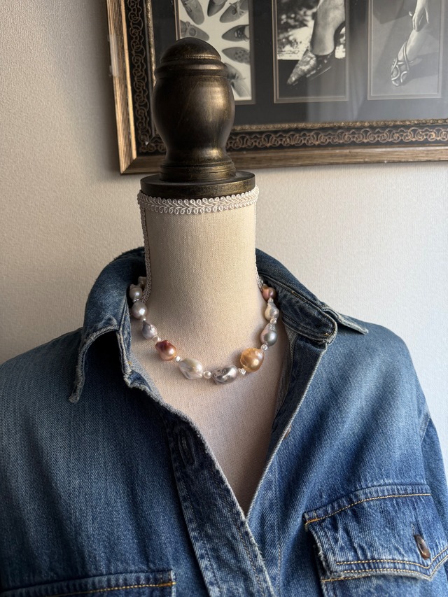 【Natural Color Mix】Oyster Baroque Pearl Necklace (Silver925)A〜C