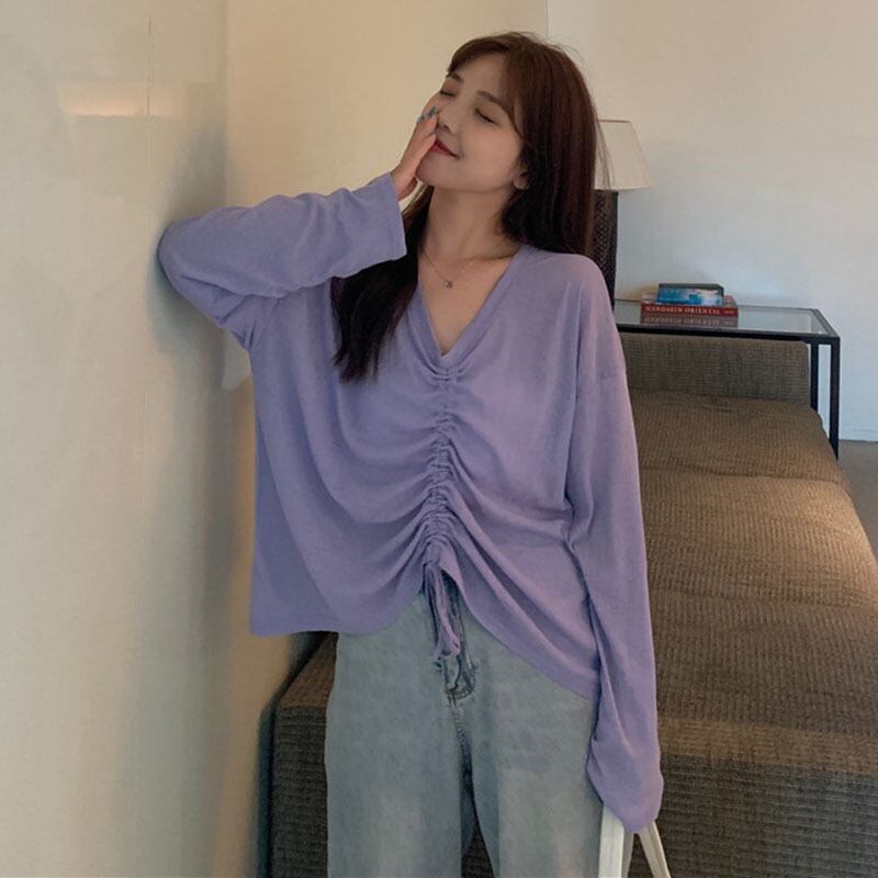 女性の2020年夏の新しいスタイルの薄い日焼け止めシャツボトミングシャツ巾着トップボトミングシャツ長袖Tシャツ 1号婦人52646064434