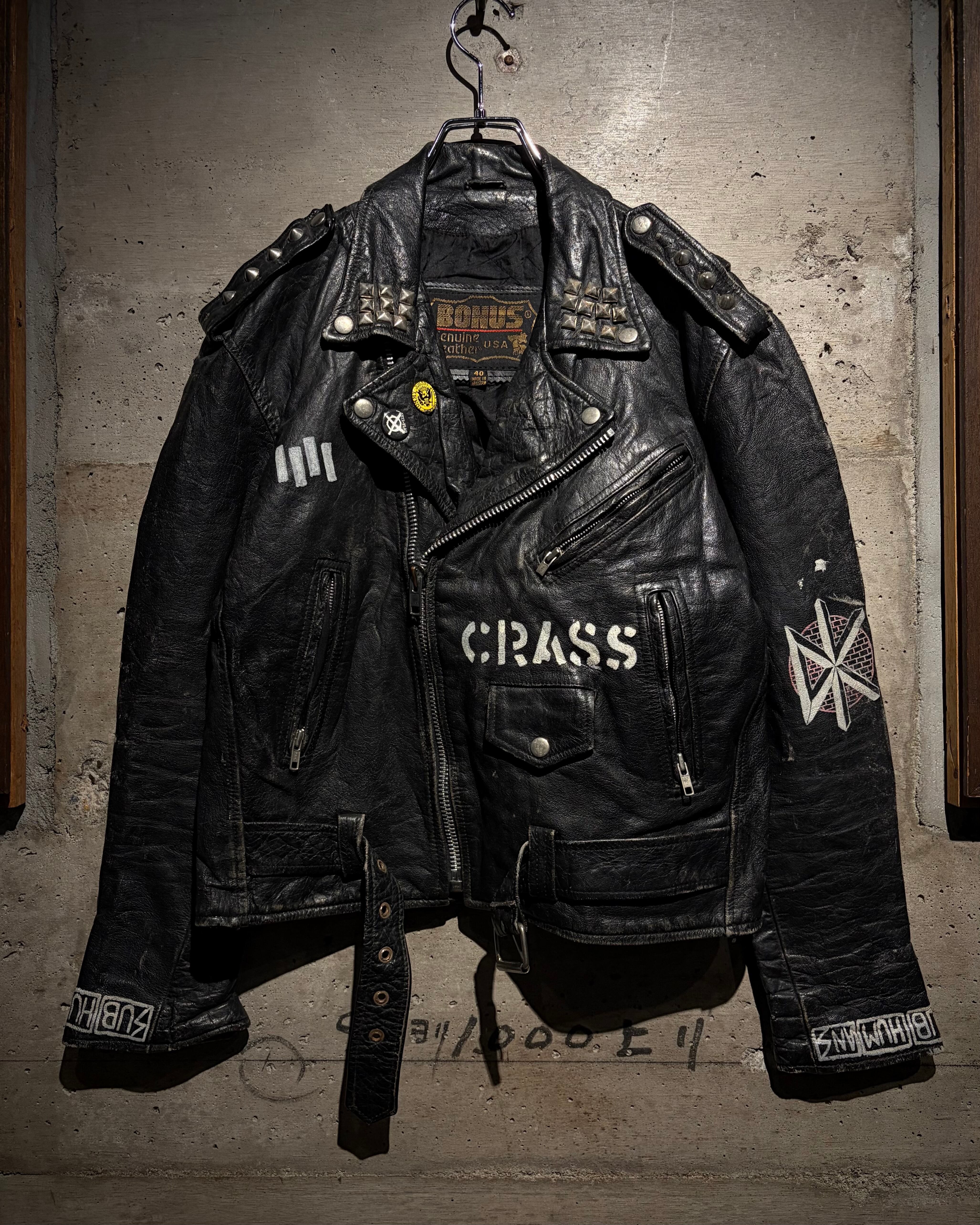 Caka】80's Studs × Band Paint Custom Double Riders Leather Jacket