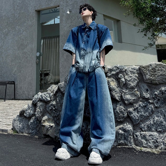 【入画シリーズ】★セットアップ★ 2color トップス+ズボン デニム 2点セット ユニセックス グラデーション 黒 青