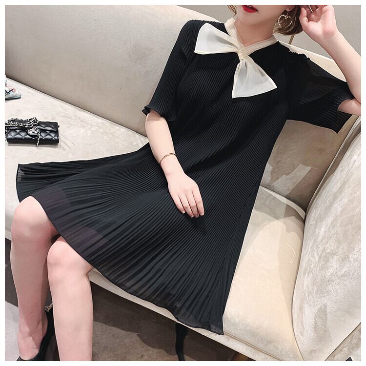 【新作】【送料無料】 2019夏プリーツシフォン妊婦半袖ルーズドレスプレッピースタイルボウカラーVネックマタニティプリーツドレスかわいい リボン 大人ガーリー スウィート キュート カジュアル サマー 夏物 AL expec394896143174