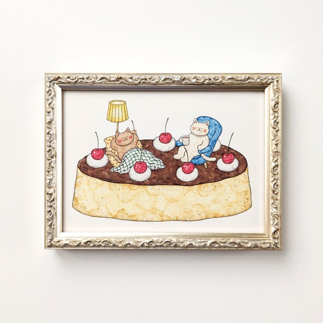 2L 猫とプリンヴァケーション アートプリント/イラスト複製画