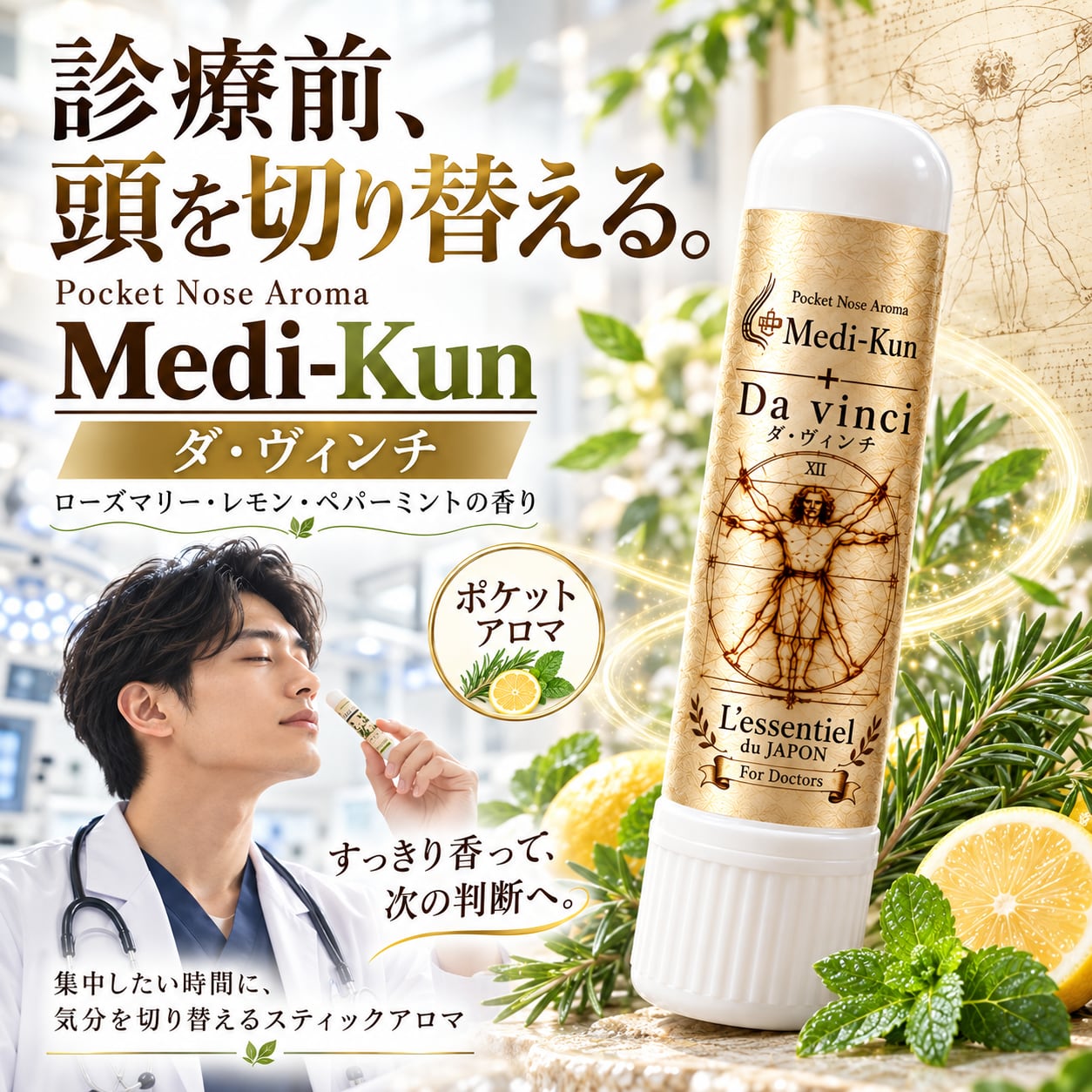 【 医師向け ポケットアロマ 】Medi-Kun ダ・ヴィンチ|ローズマリー レモン ペパーミント 最大配合 集中 勉強 手術 気分 携帯用 香り プレゼント 日本製