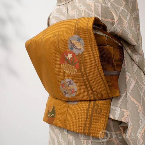 正絹　金茶に雪輪のなごや