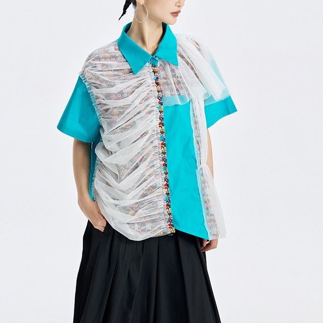 RUCHED MESH PANEL CARTOON PRINT SLEEVE SHIRT M-17762