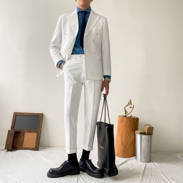 【予約販売】メンズ スーツ ホワイト シック 男前 ジャケット パンツ セット セットアップ パーティ パーティー 二次会 同窓会 結婚式 韓国 トレンド M/L/XL/2XL/3XL