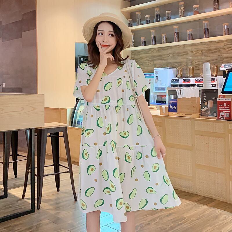 【新作】【送料無料】 マタニティ服2020サマースタイルアボカドプリントルーズプラスサイズミドル丈妊婦ドレス 大きめサイズ 夏物 AL expec393075898433