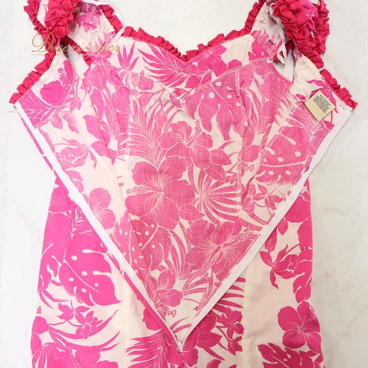 【美品 ハワイ製 フラダンス衣装】ピンク Royal Creations ワンピース ドレス 白 ハイビスカス柄 花柄 フリル アロハ かわいい