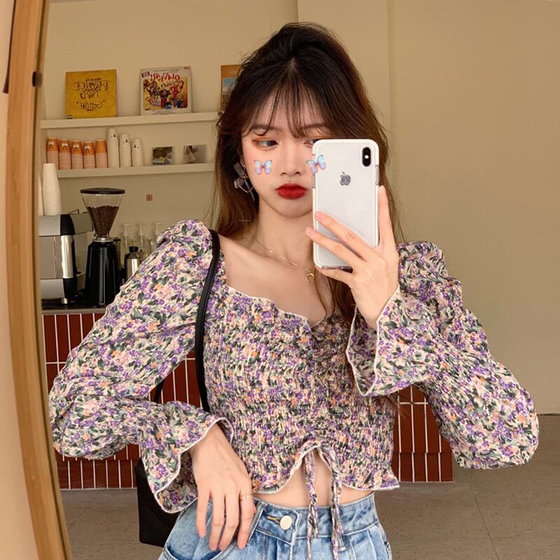 スプリングスタイルショートブラウス フローラルシフォンシャツ レディース 大人ガーリー スウィート キュート カジュアル 春物 花柄 試着室54190547435