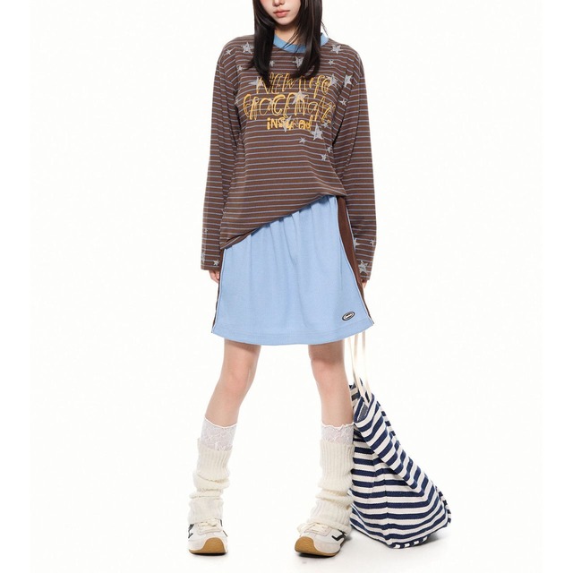 スターピンストライプレタリングロングスリーブTシャツ 2col   R02565
