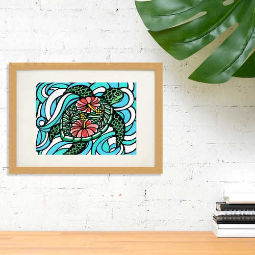 Wood Panel A4（Honu Flower）with Frame