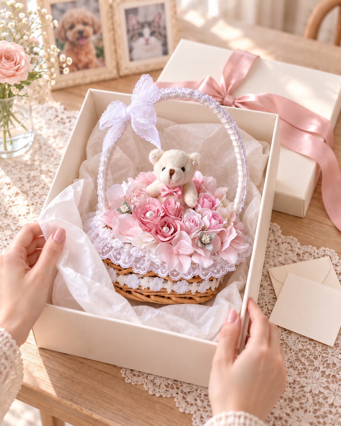 フラワーアレンジ｜うちの子と楽しむミニベアの花かご【AR-013】｜パステルフラワーアレンジ｜大人可愛いインテリア｜アーティフィシャルフラワー｜ギフト｜ミニベア｜横15㎝ 高さ約18cm