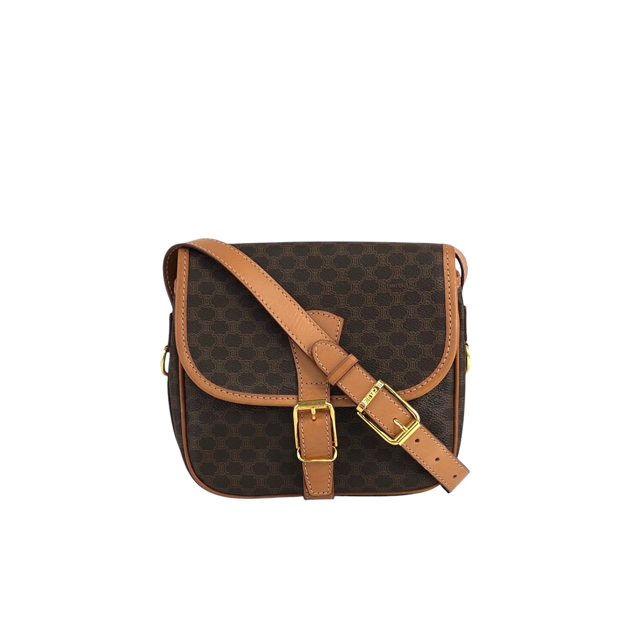 CELINE セリーヌ マカダム ショルダーバッグ ブラウン PVC レザー