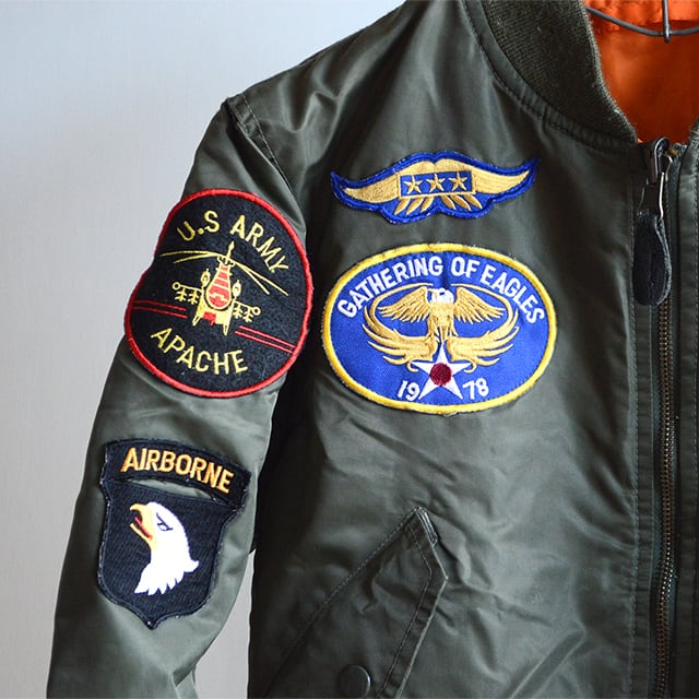 80s ALPHA アルファ MA-1フライトジャケット ワッペン付き TOPGUN USAF 9th Air Force US ARMY  APACHE AIRBORNE 星条旗 MA1 | NY OLDIES powered by BASE