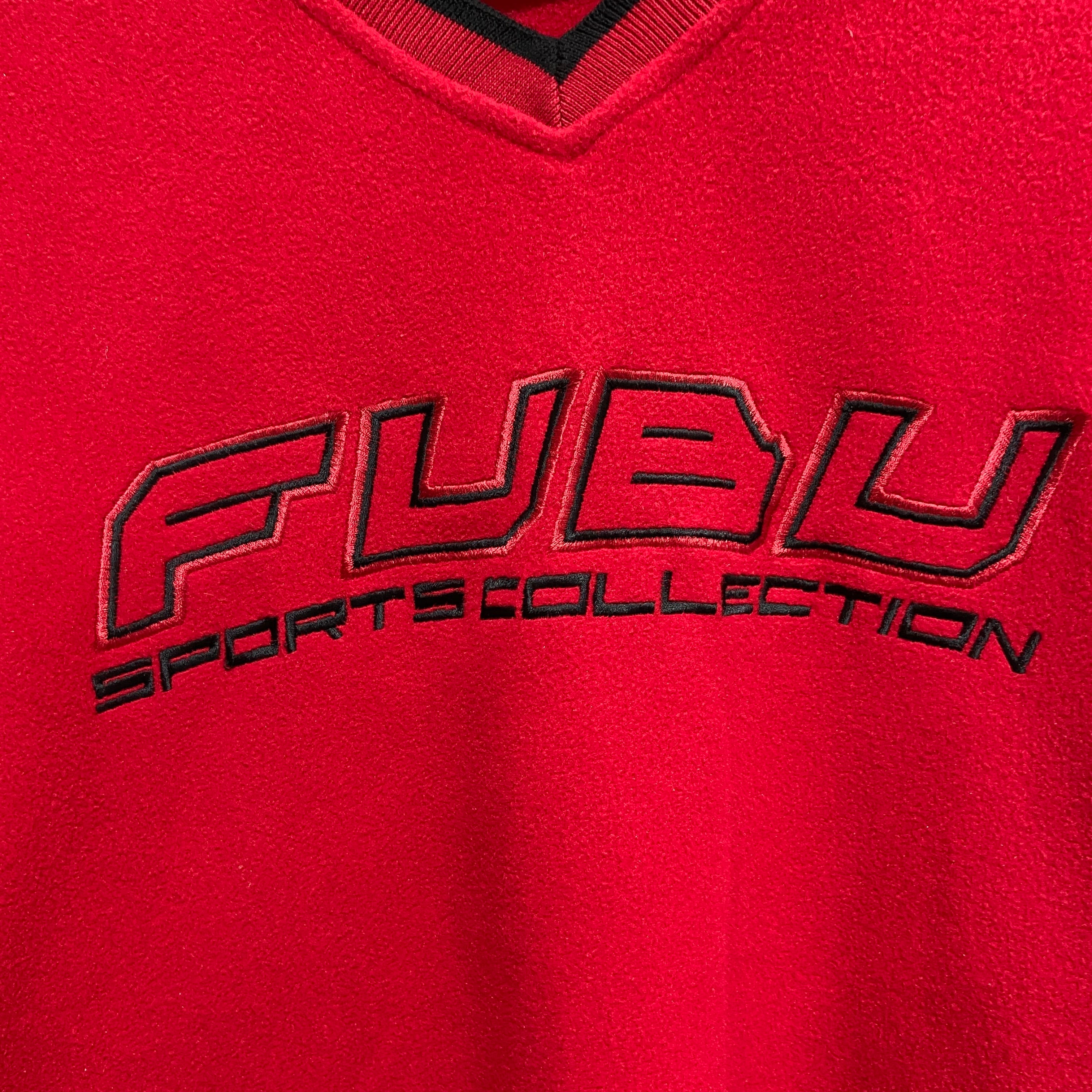 送料無料』90s FUBU Vネックフリーススウェット 赤 L ブランド刺繍ロゴ