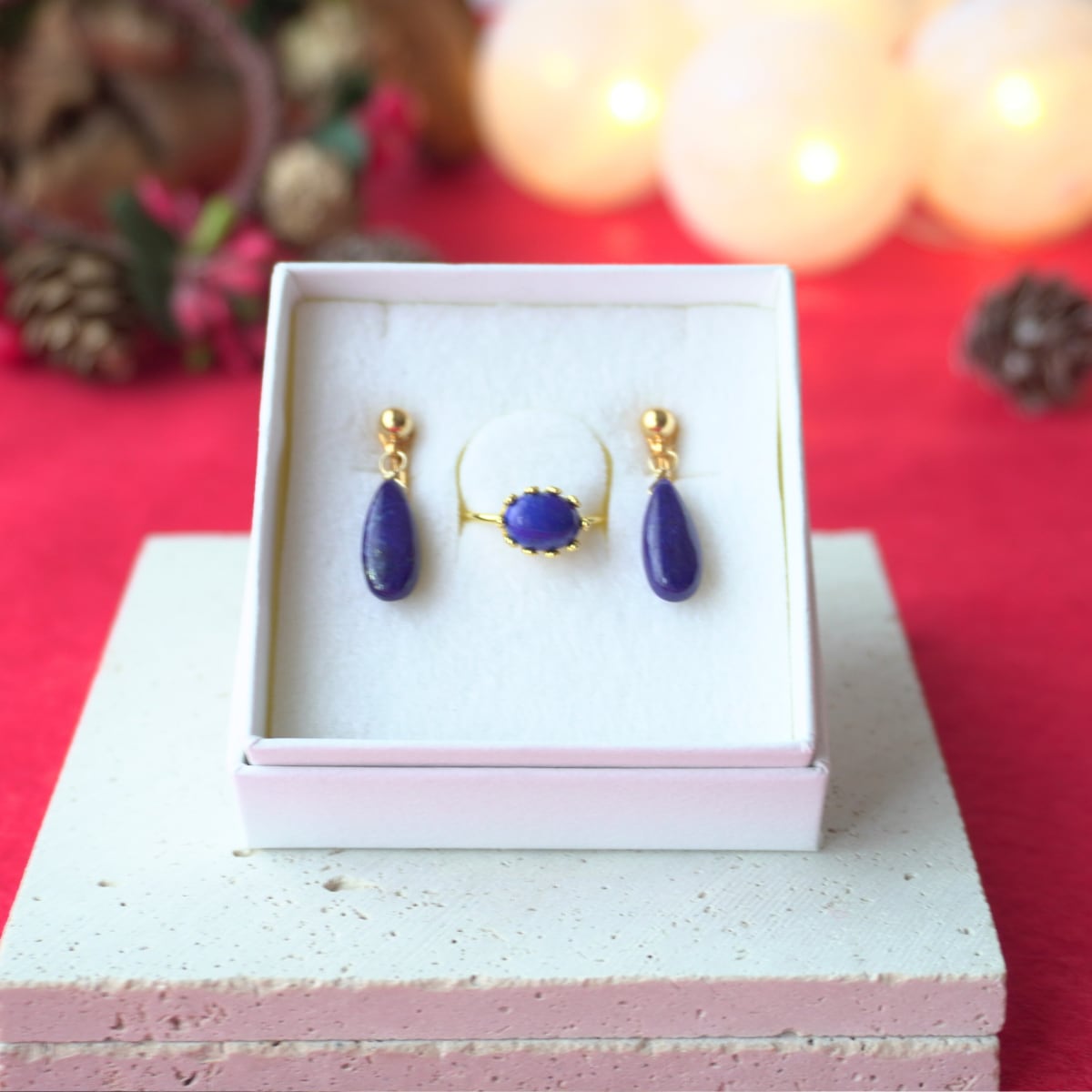 クリスマスコフレ 2点セット ラピスラズリ 痛くないイヤリング&リング 天然石 クリスマス 12月 誕生石 プレゼント ギフト