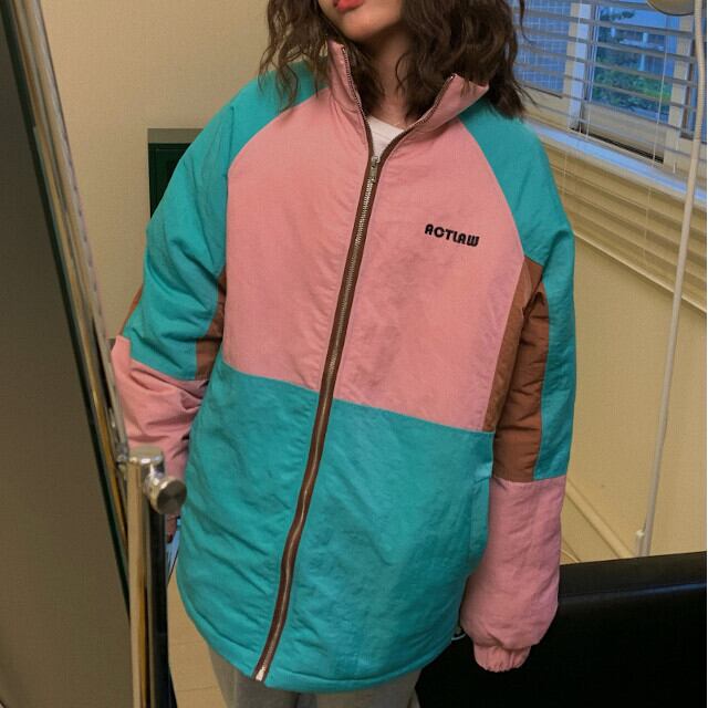 ブルゾン アウター レディース ジャンパー オーバーシルエット ストリート カジュアル おしゃれ 配色 グリーン×ピンク M/L