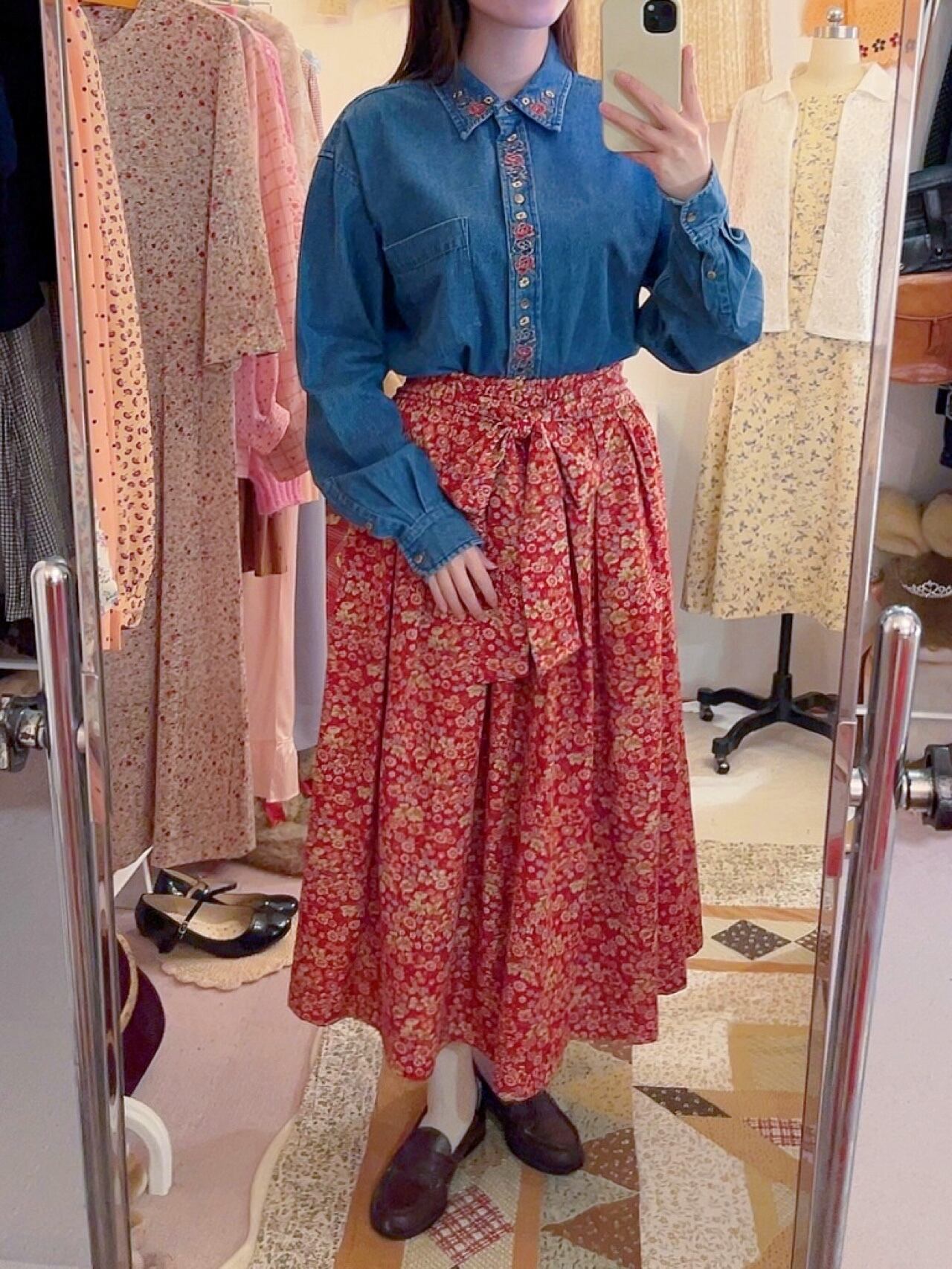 red flower waist ribbon skirt