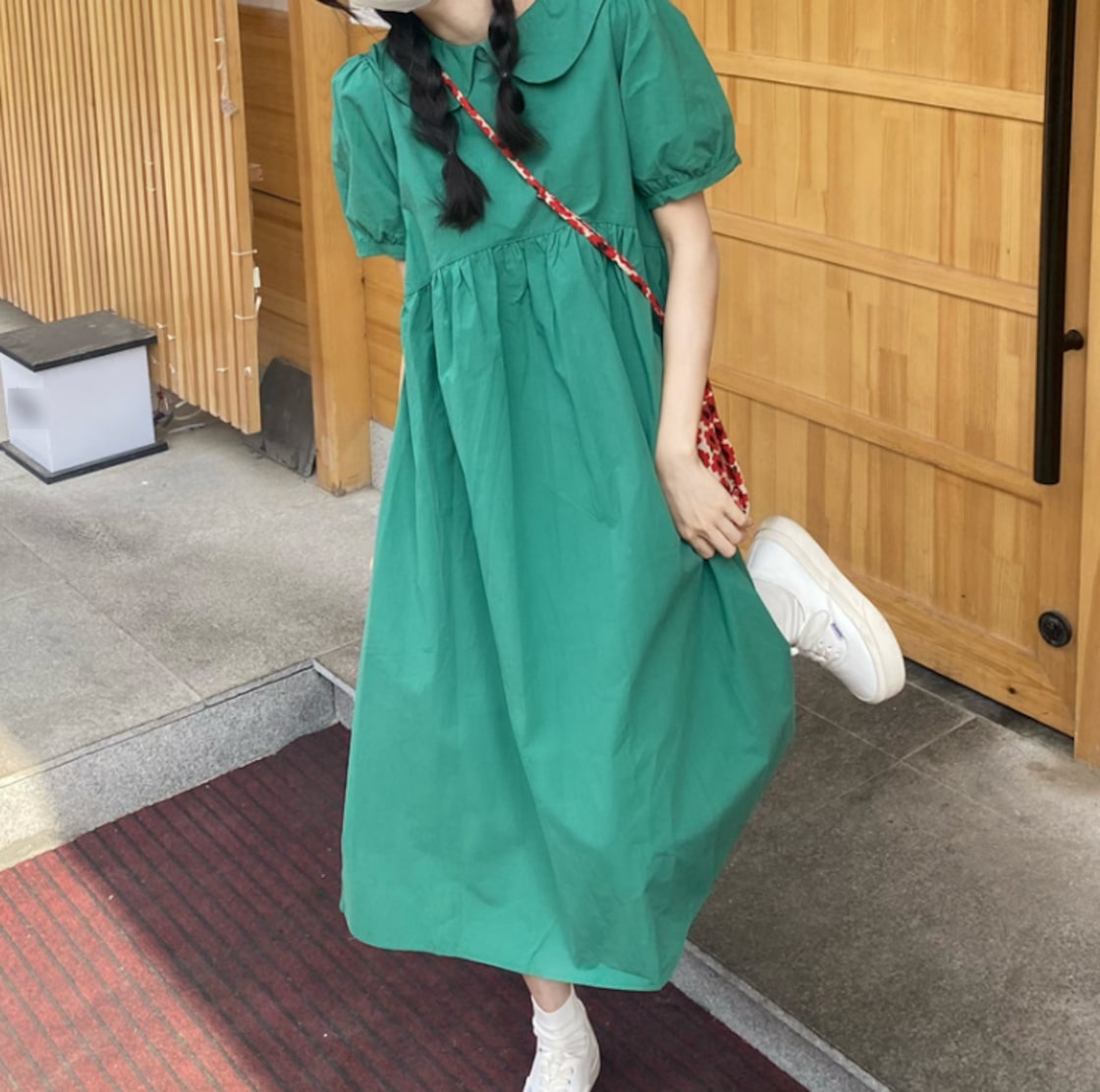 夏 おしゃれ ワンピース ロング 襟付き 半袖 レディース ワンピース シャツワンピース ロング丈 半袖 パフ袖 襟付き A