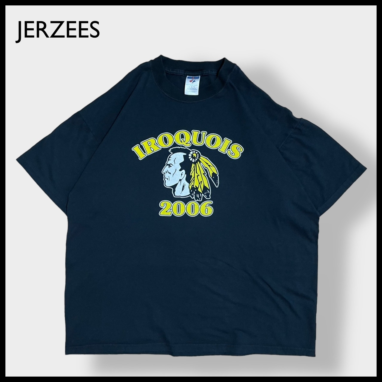 【JERZEES】IROQUOIS 高校 アーチロゴ プリント Tシャツ バックプリント イラスト XL 黒t ジャージーズ US古着