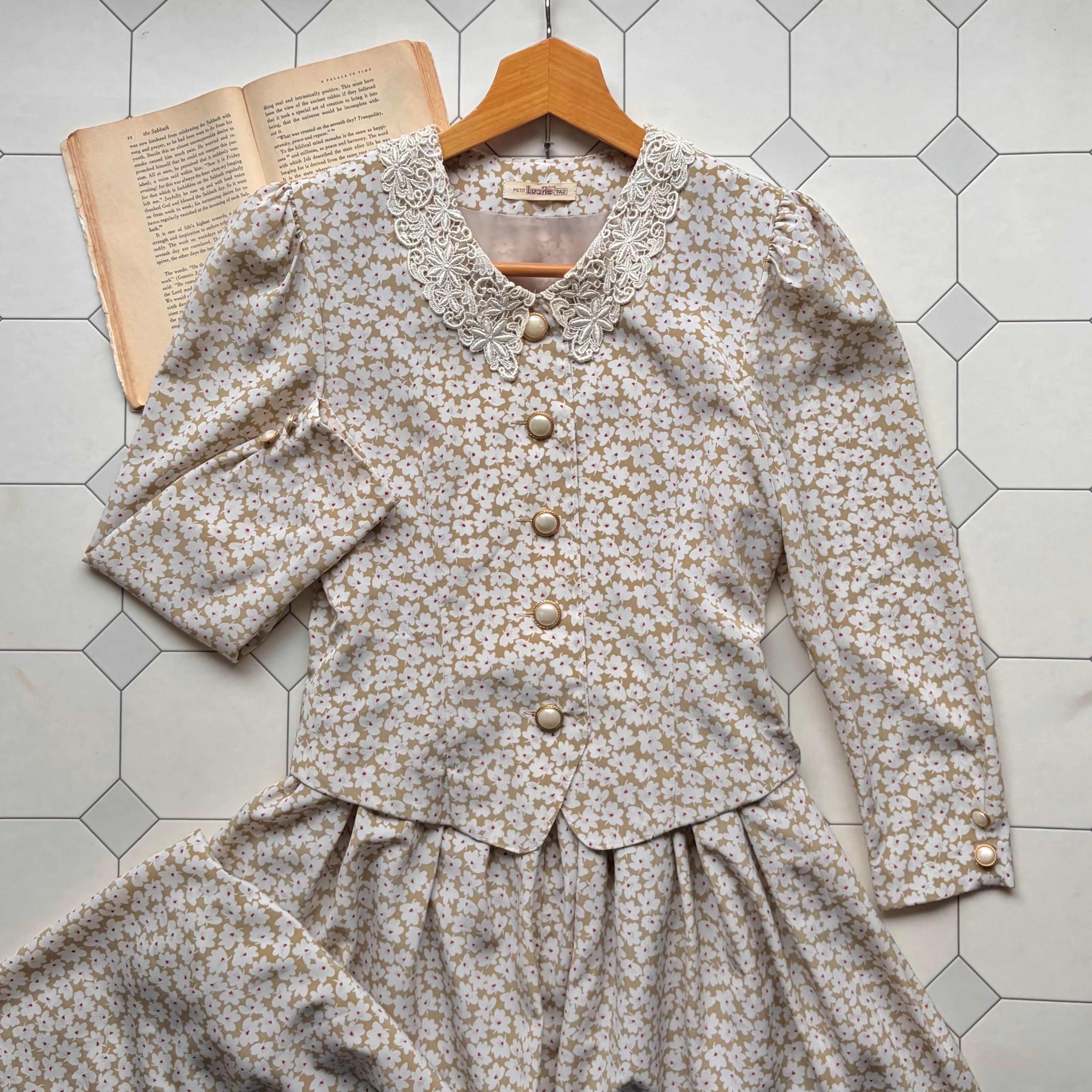 Lace Collar Floral Layered Dress〈レトロ古着 レース襟 花柄