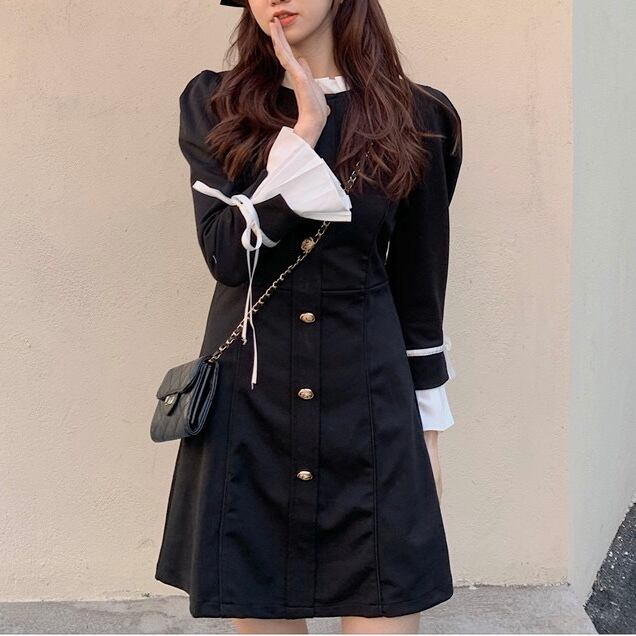 レトロ ガーリー リボン ミニワンピース ブラック ワンカラー B8434 韓国レディースファッション通販 Bella ベラハート Select Import Shop