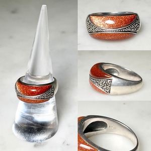 vintage silver ring set with goldstone & marcasite